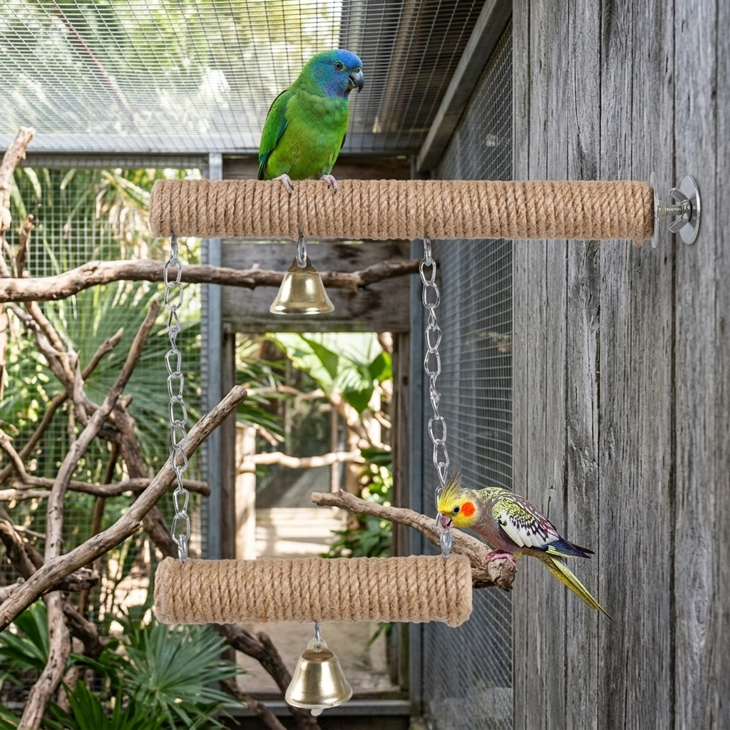 Parrot Swing Natural Cotton Rope Claw Grinding Toy Spiral Grip Perch for Lovebirds Cockatiels Budgies Indoor Cage Stand