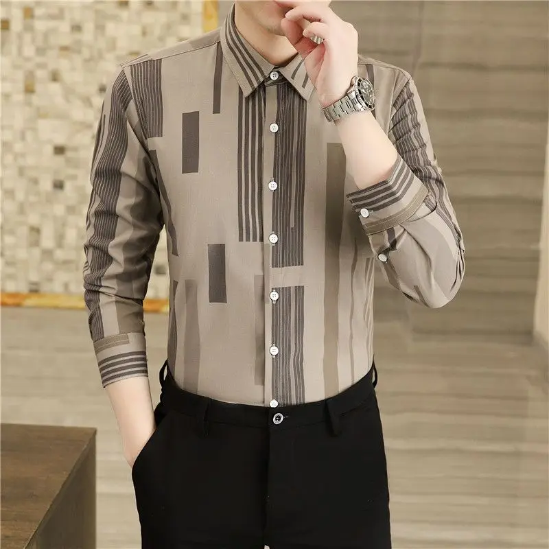 Spring and Autumn Men\'s Cardigan Single Breasted Polo Collar Letter Print Stripe Contrast Color Long Sleeve Shirt Fashion Tops