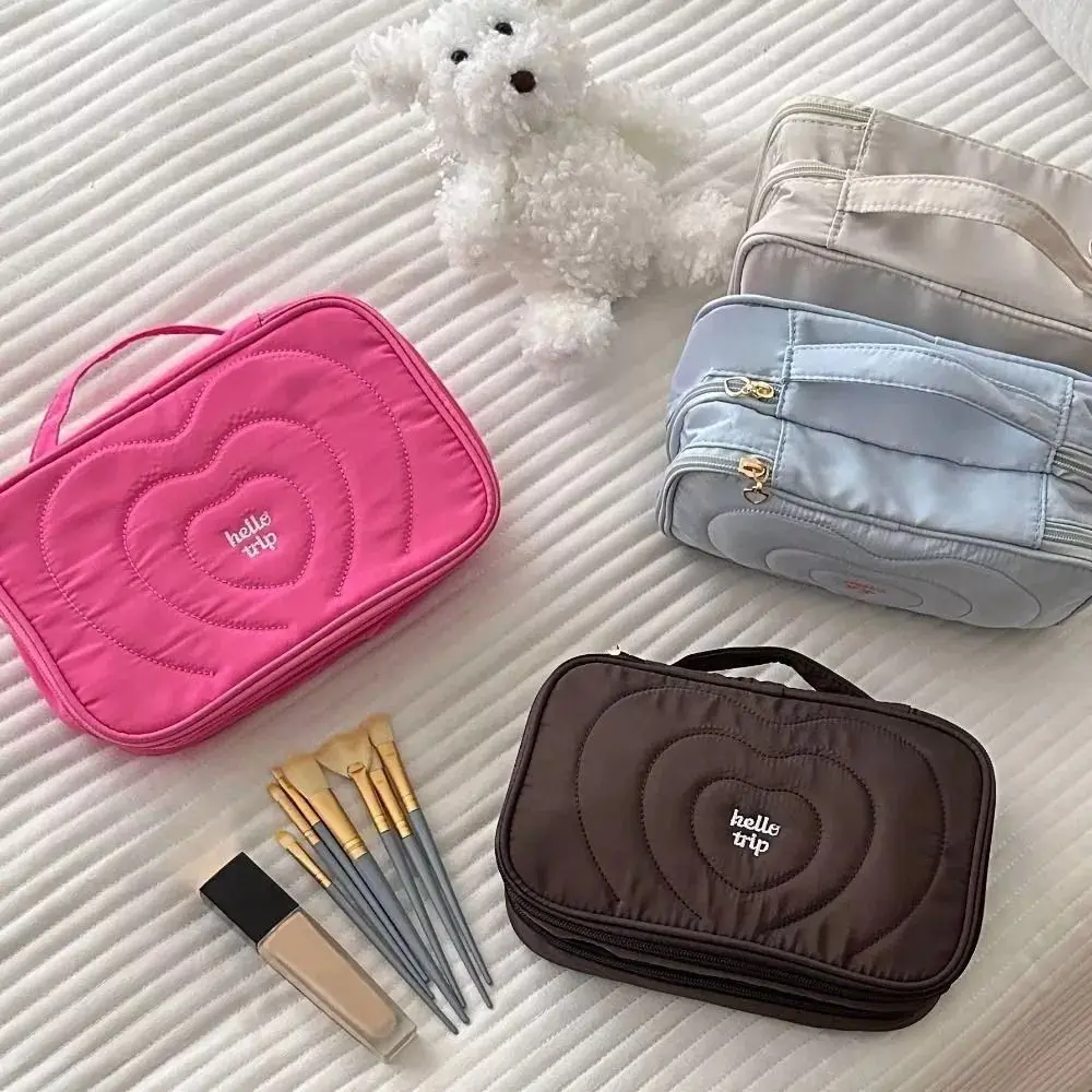 Heart Quilted Makeup Bag Multiple Compartments Wide Opening Toiletry Bag Double Zipper Portable Handle Cosmetic Organizer Bag