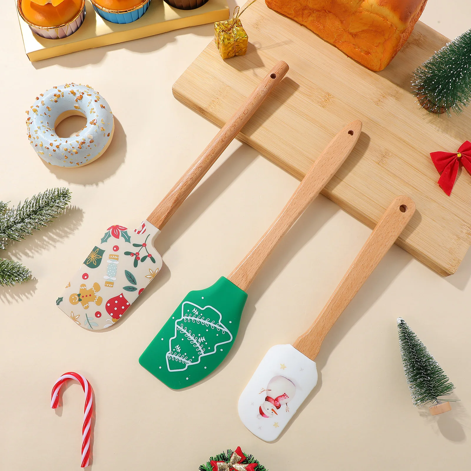 3 قطعة كعكة عيد الميلاد مكشطة سيليكون ملعقة الخشب مقبض الخبز أداة لخلط كشط الحلويات المربى زبدة غير عصا مفرشة #2