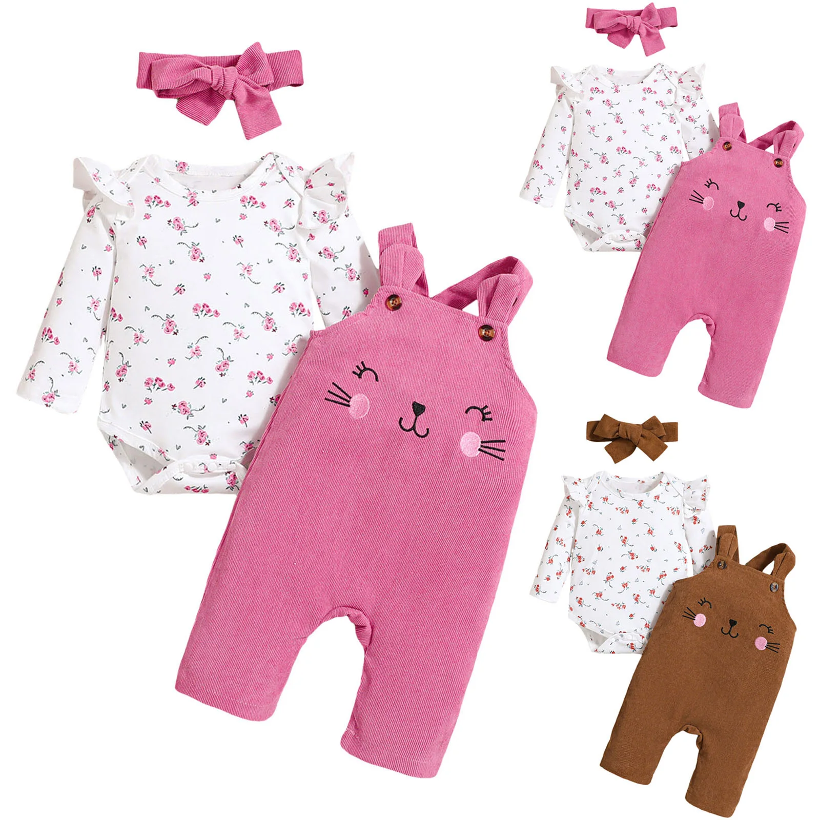 

Baby Girls Outfit Set Long Sleeve Floral Print Bodysuit Cartoon Cat Pattern Overalls And Matching Headband Cute Daily Clothing