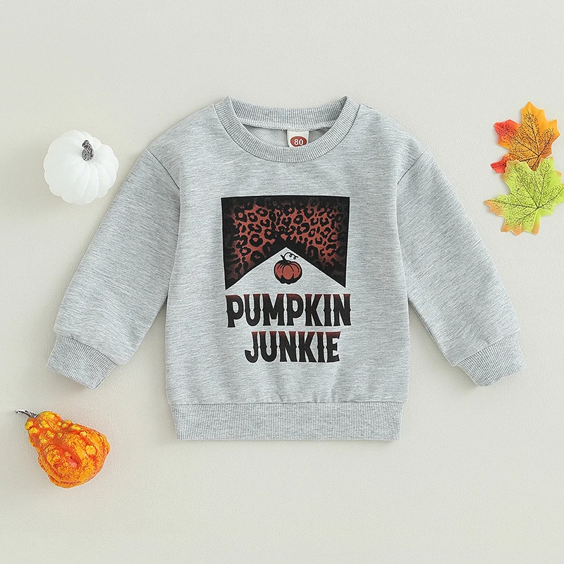 

Cute Baby Girls Boys Halloween Sweatshirts with Pumpkin and Letter Print Crew Neck Long Sleeve Kids Pullovers for Fall Outfits