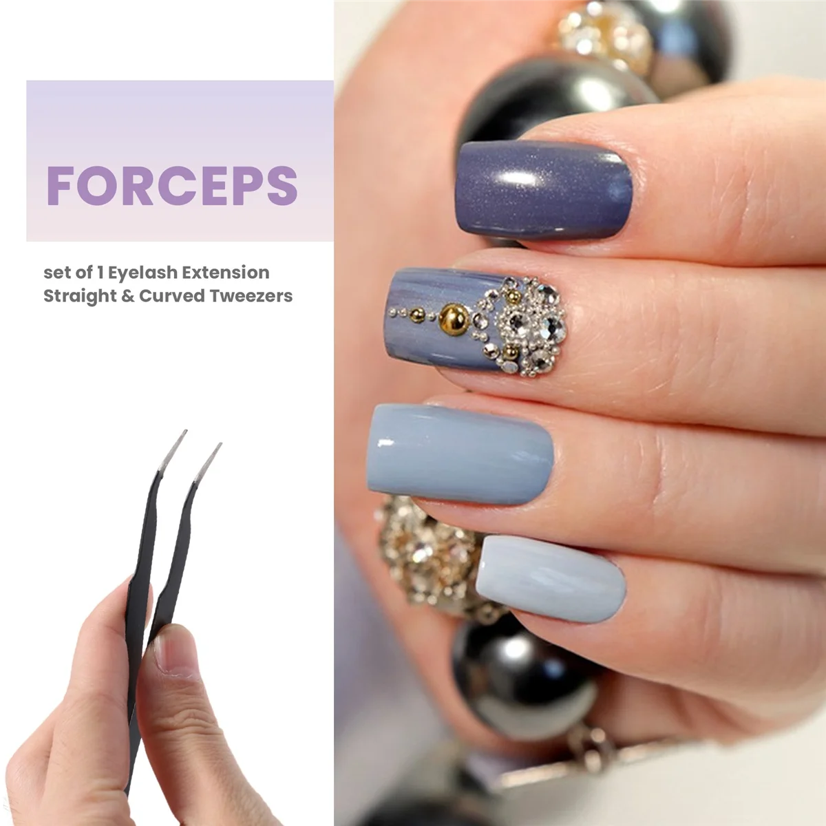 Nail Art Strass Extensão de cílios Ferramenta de pinça reta e curvada