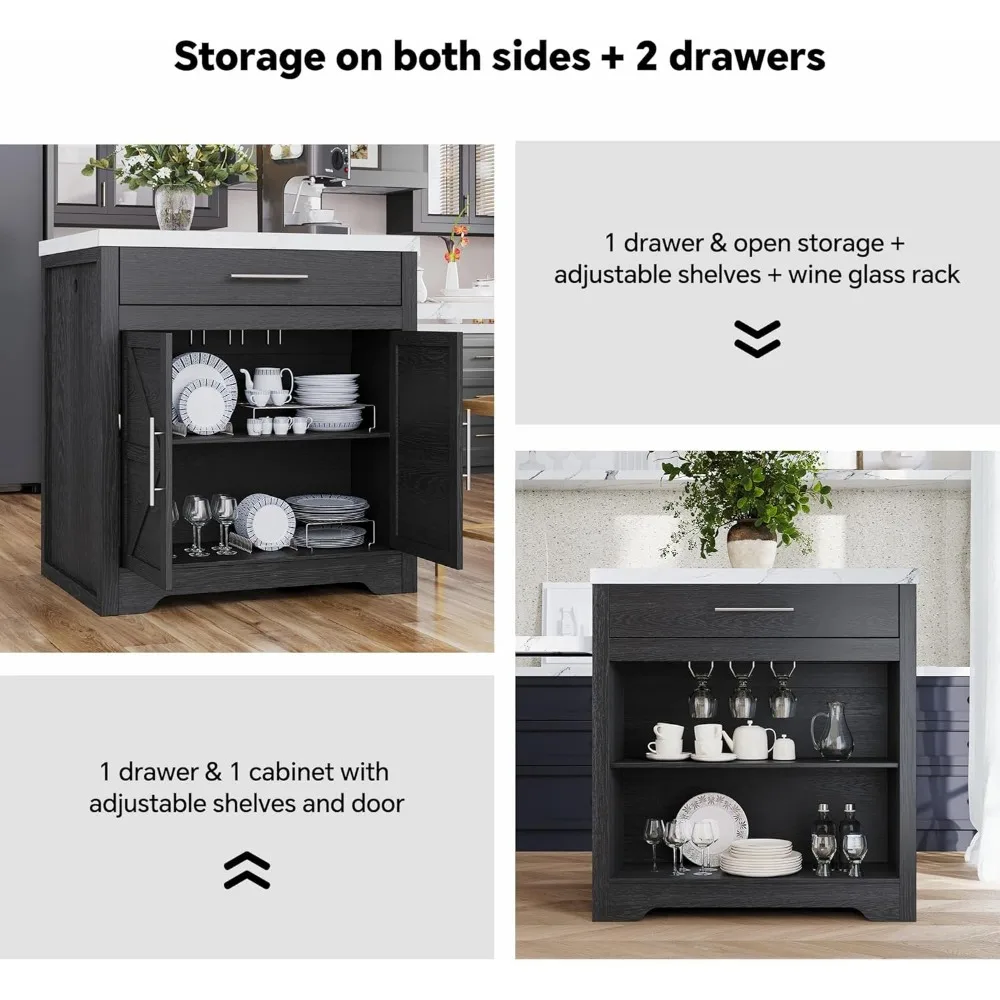 جزيرة المطبخ المتدحرجة على طراز المزرعة مع طاولة قابلة للتمديد لـ 4-6 مقاعد وتخزين وحامل زجاجي للنبيذ #6