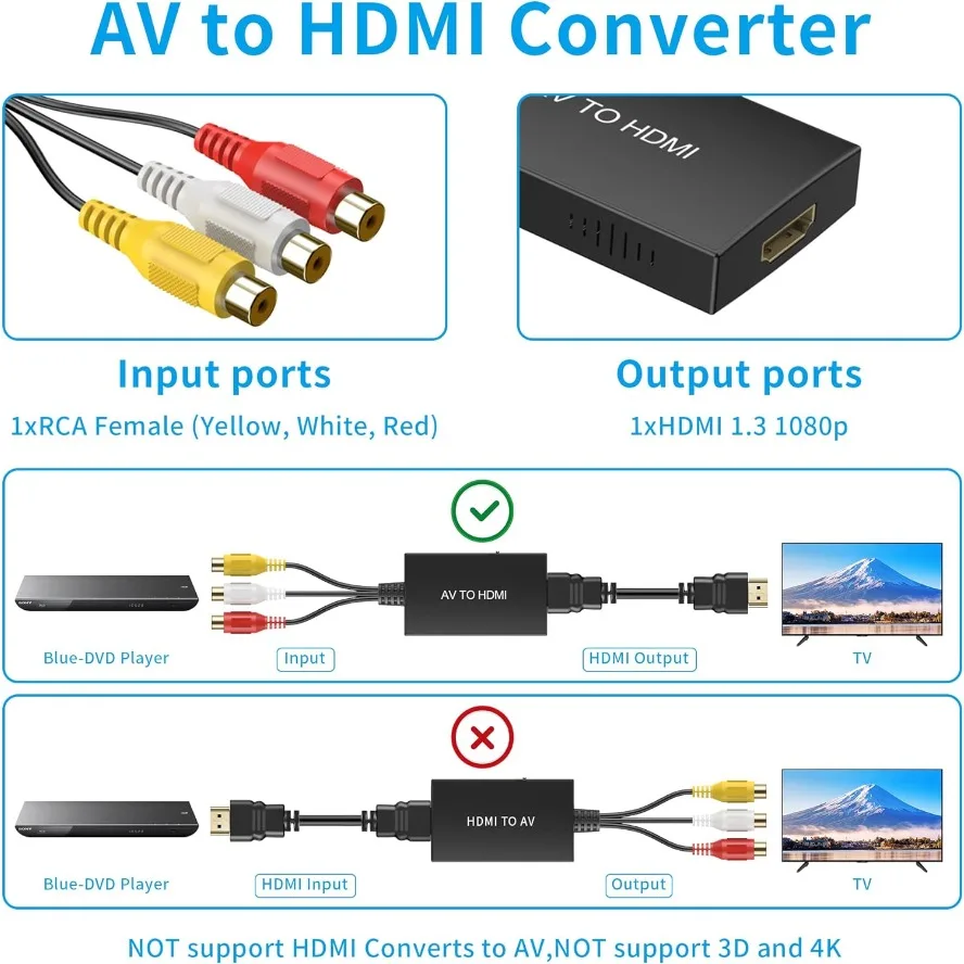 AV To HDMI RCA To HDMI Video Composite Adapter Converter with USB Cable CVBS AV Adapter for N64 Wii PS1/2/3 Xbox One SNES Etc