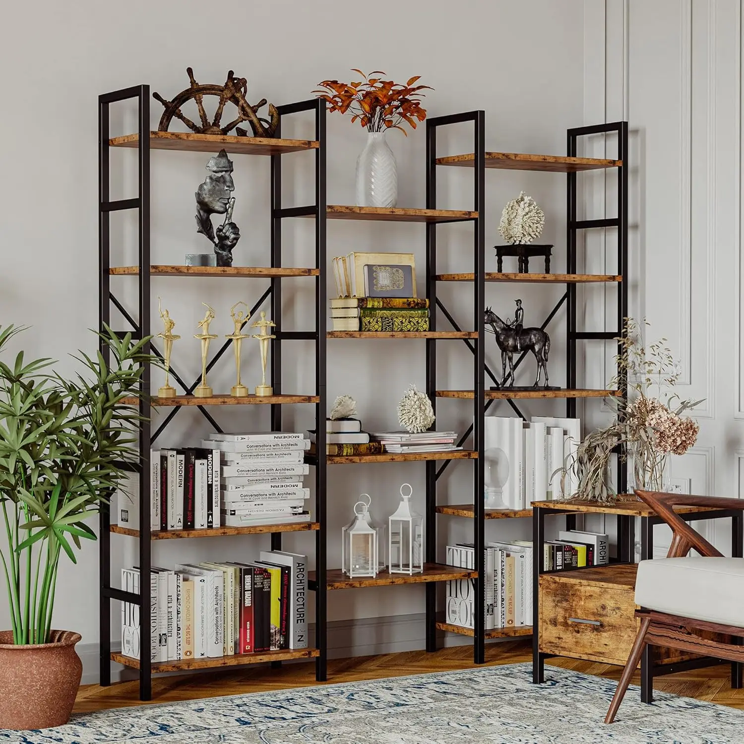 IRONCK Bookcases and Bookshelves Triple Wide 5 Tiers Industrial Bookshelf, Large Etagere Bookshelf Open Display Shelves