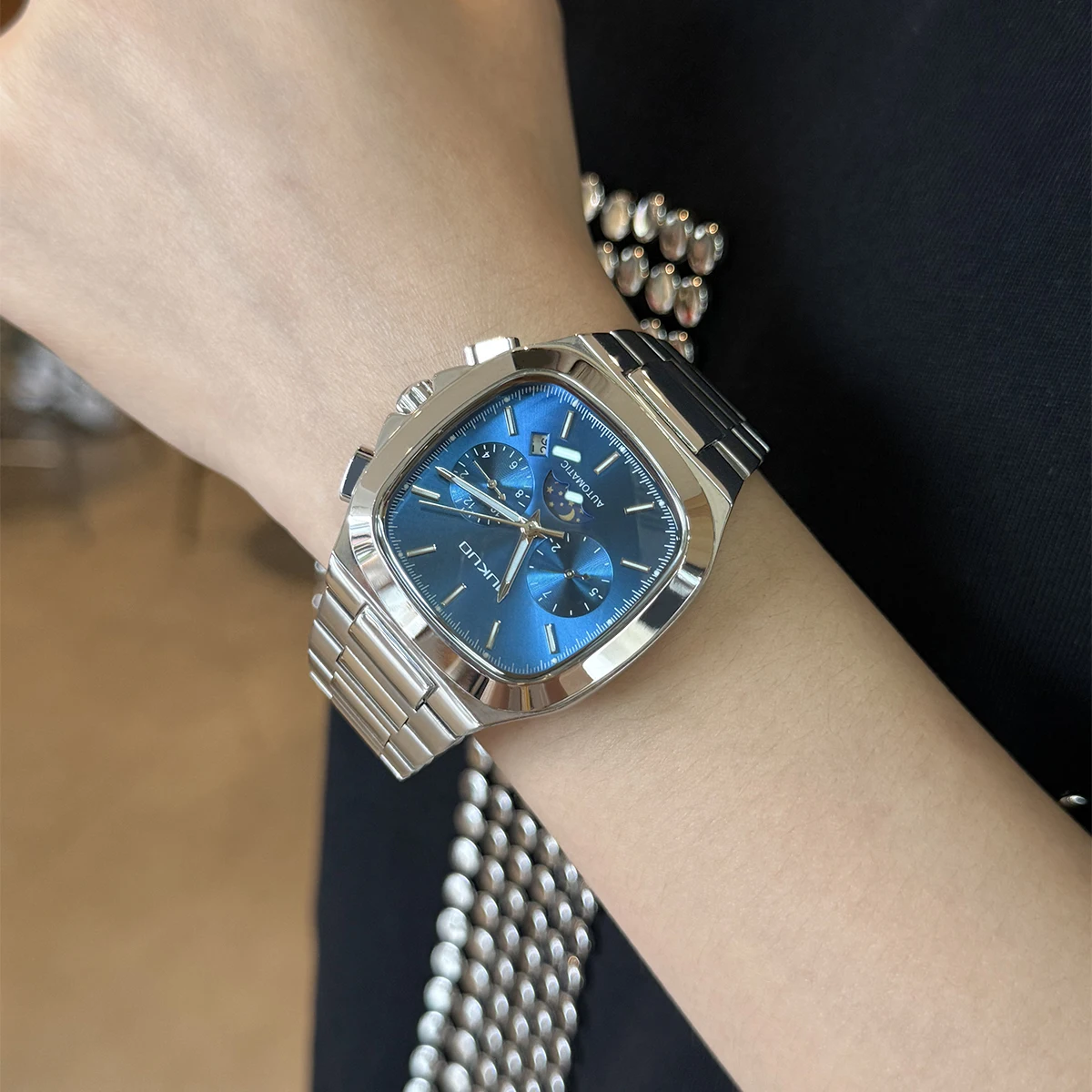 MUKUO Men's Square 6-pin Moonphase Fully Automatic Mechanical Watch with Luminous, Waterproof, Business and Fashion Features
