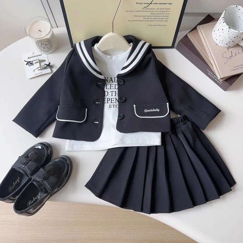Girls College Style Set Spring And Autumn New Children Fashionable Suit Bottom Shirt Pleated Skirt Three Piece Set