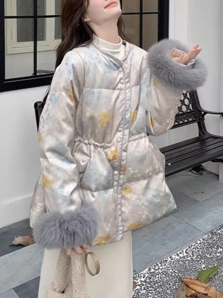 

Новая китайская модная женская зимняя утепленная куртка средней длины из хлопка с зауженной талией