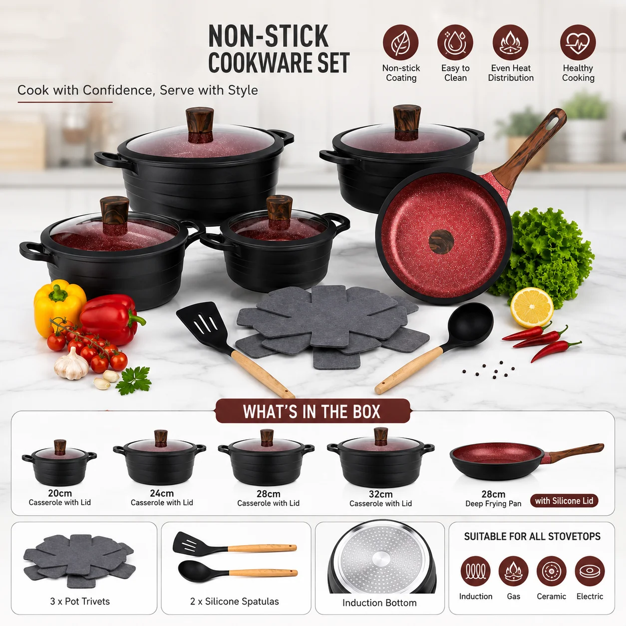 Premium 15pcs Non-stick Red Granite Cookware Set Die-cast Aluminum Pot and Pan Set with Silicone Lid & Induction Bottom