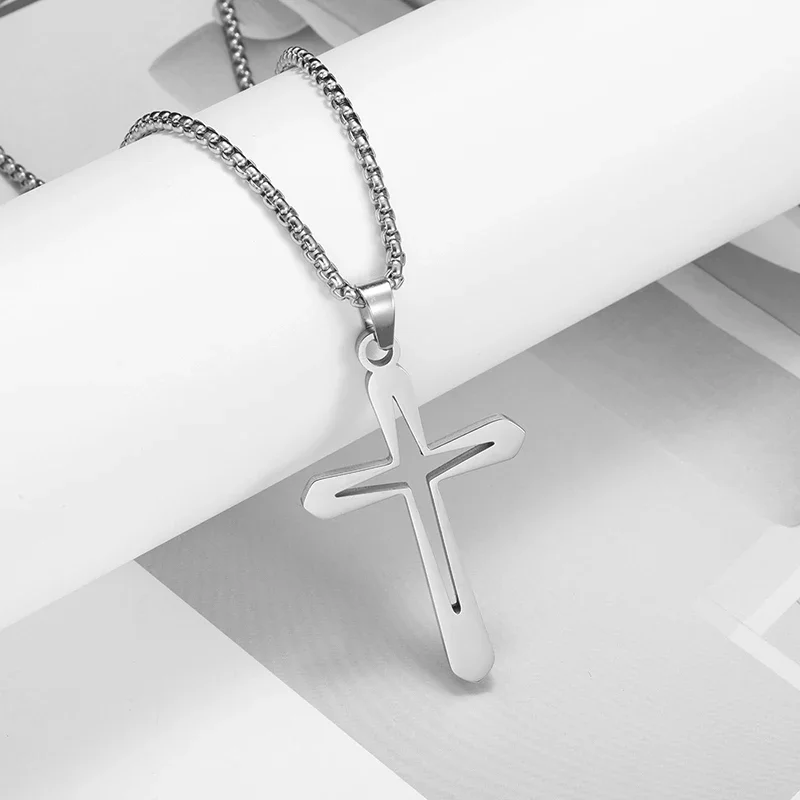 Goth Starlight Cross Stainless Steel Jesus Christ Amulet Pendant Necklace for Women Men Silver  Color Chain Necklaces Jewery