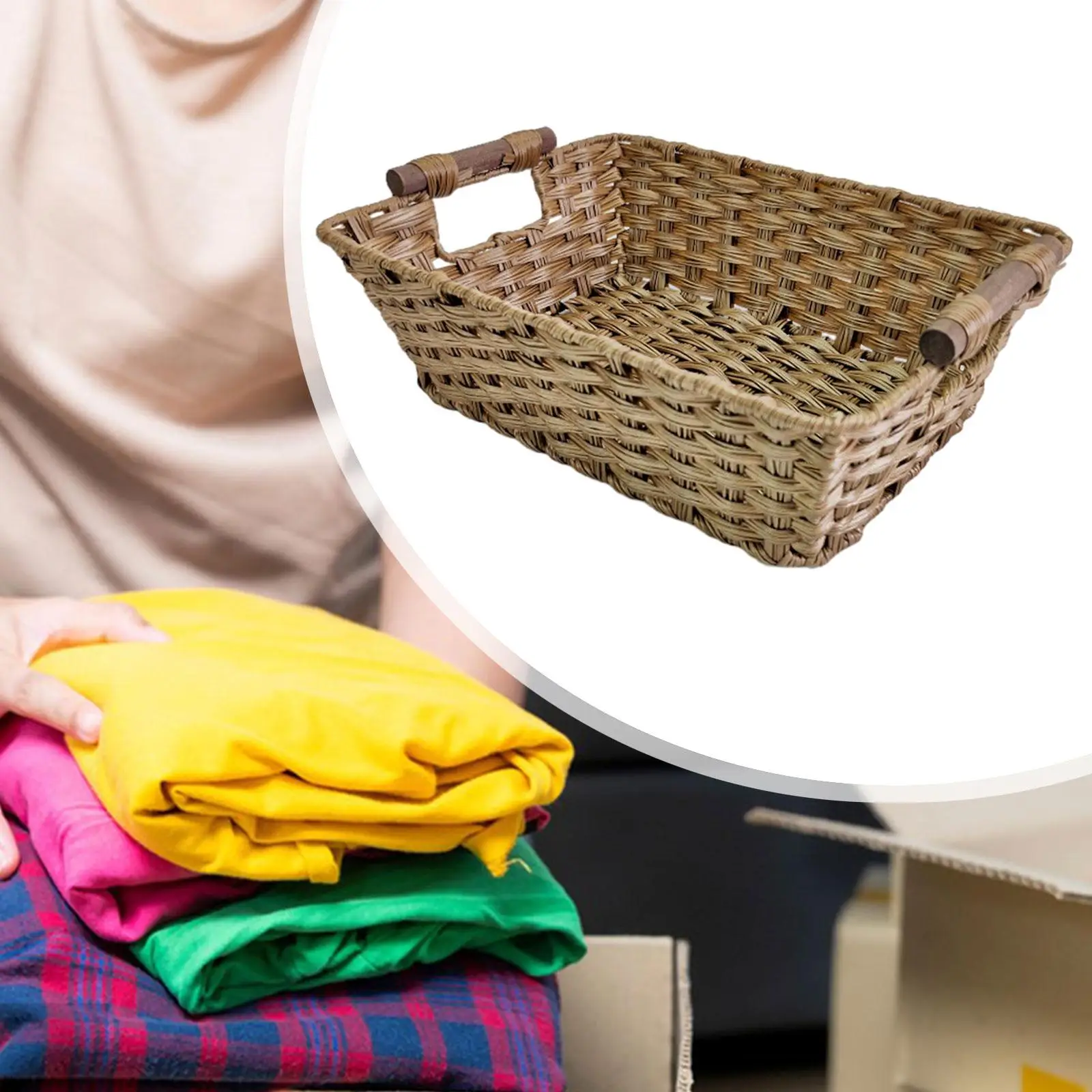 Woven Storage Basket Decorative with Handles Imitation Rattan Woven Basket