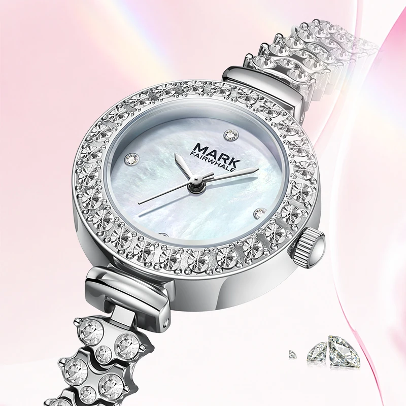 MARK FAIRWHALE FW-3960 Luxury Diamond Inlaid Ladies Wristwatch Mother of Pearl Dial Metal Bracelet Coated Crystal Dress Watch