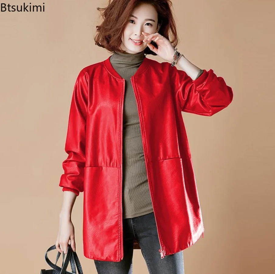 New Fashion Mid-Long Leather Jackets Women's Loose Baseball Uniform Elegant PU Leather Jackets Autumn Winter Windbreaker Coats 4