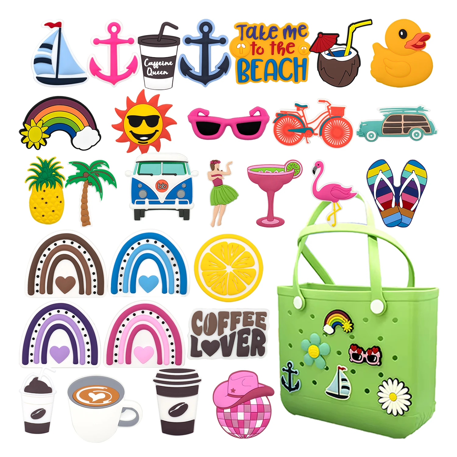 1pcs Rainbow Sun Charms For Beach Bag Accessories Palm Coconut Pineapple Coffees Decoration Duck Beach Tote Bag Accessories