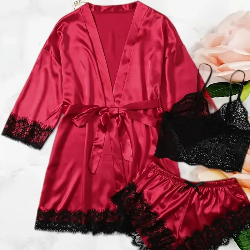 New Erotic Suit Lace Trimmed Solid Color Satin Pajama Set, Long Sleeve Short Robe + V-Neck Cami Top + Casual Shorts