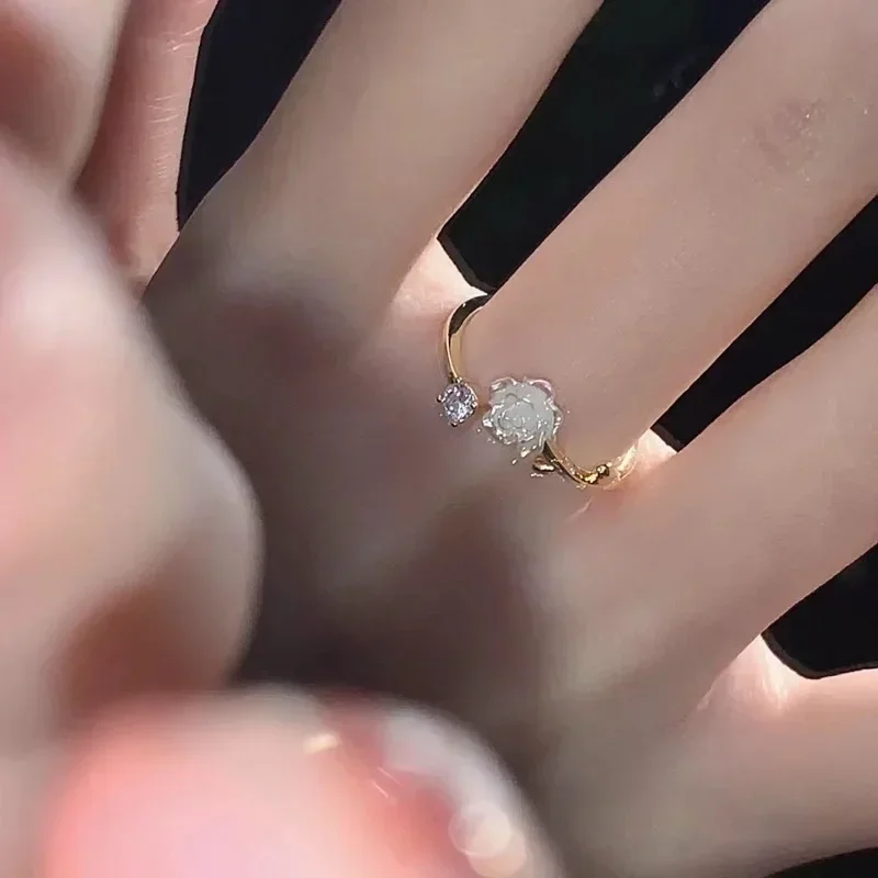 Vintage Rose Flower Rings For Women Shiny Crystal Zircon Adjustable Princess Finger Ring Bride Wedding Engagement Party Jewelry