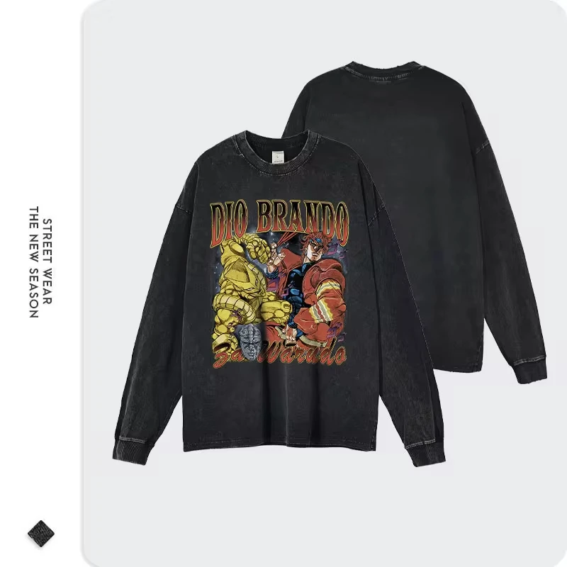 Anime JoJo Sweater Vintage Washed Dio Jotaro Jolyne Giovanna Long Sleeve T Shirts JoJos Bizarre Adventure Sweatshirts Tops Tees