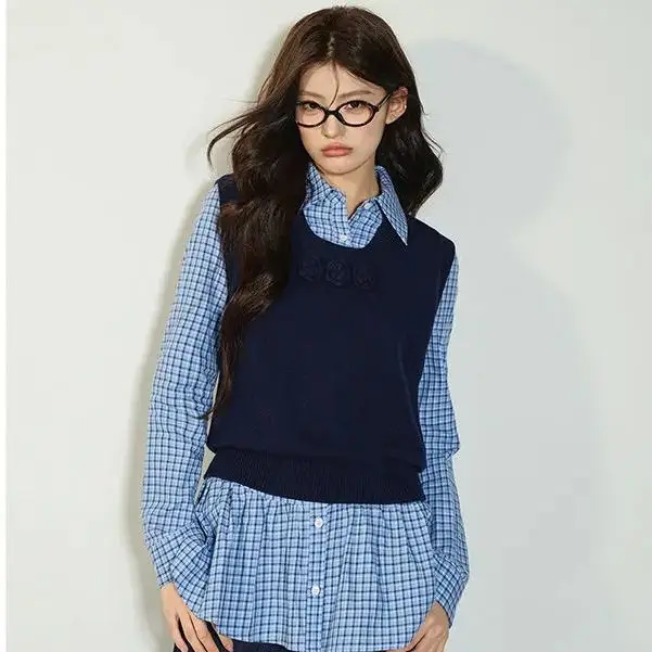 

Women Dark Blue Knitted Vest Two-Piece College Style Sleeveless Short Sweater Vest + Long-Sleeved Plaid Ruffle Top