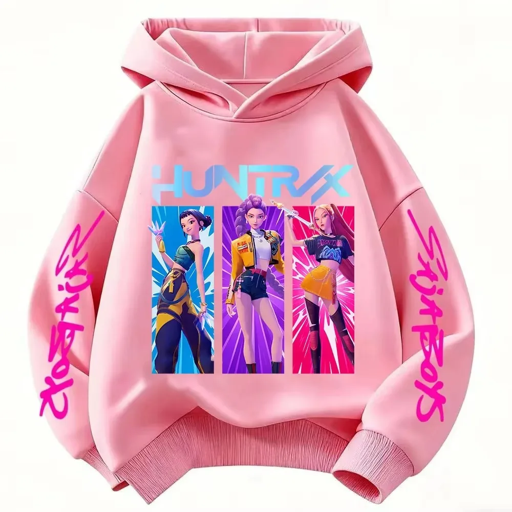 220g Schwerer Fleece-Wärmehoodie mit Anime-Huntrx-Motiv, Drei-Mädchen-Grafik, Kinder-Mode, Lila Pullover-Sweatshirt für Mädchen – Detail 7