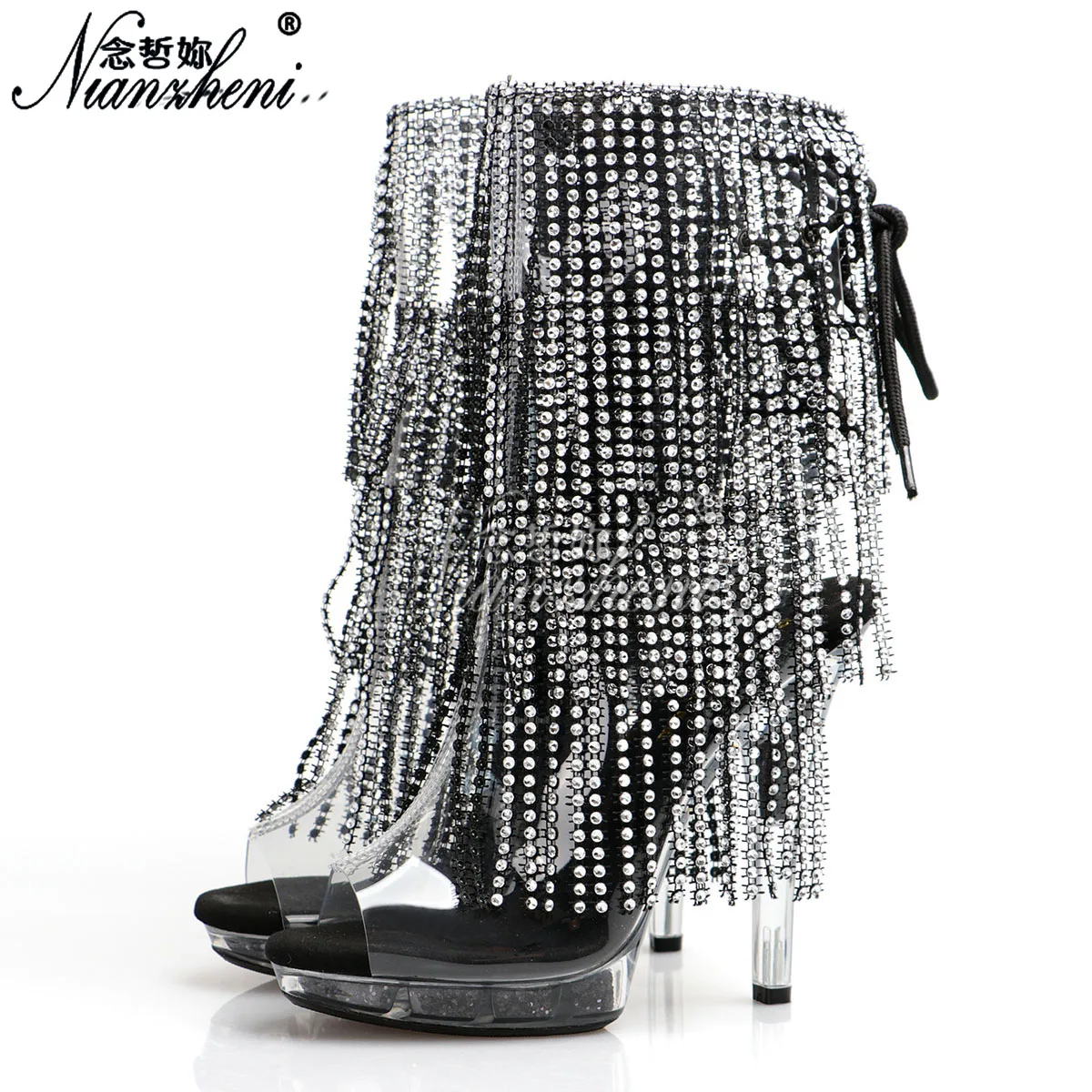 Exotic Dancer shoes Stripper fringe Peep Toe 5inch High Heels Ankle Boots 13cm Platform transparent crossdresser Gothic show New