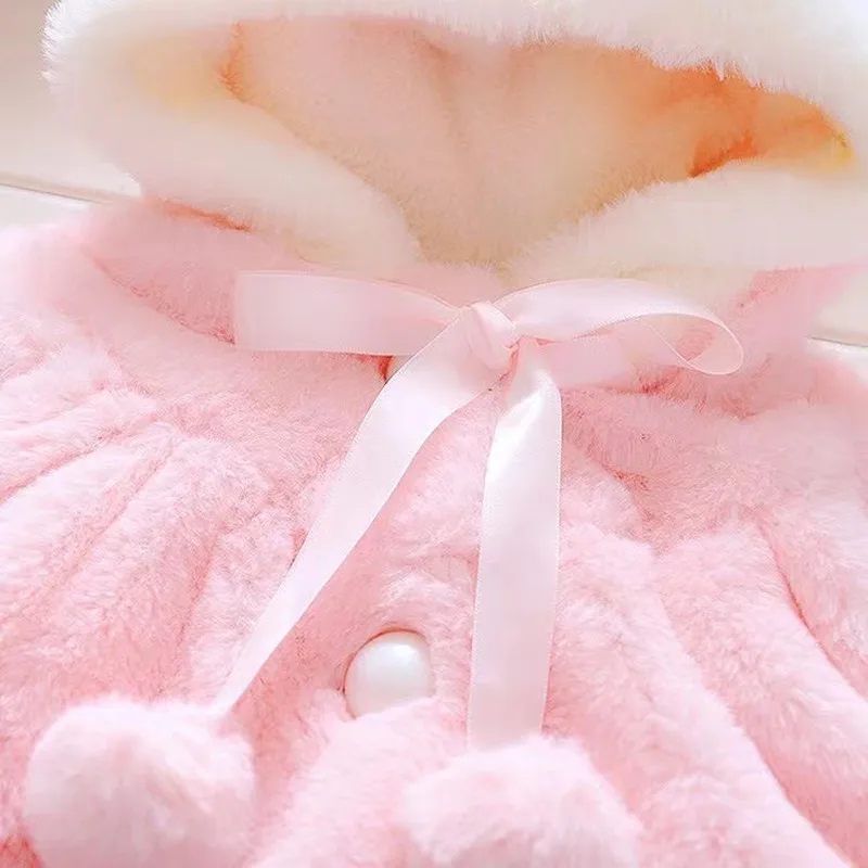 3 6 9 12 18 24 Months Baby Jacket Autumn Cute Rabbit Plush Princess Girls Coat Infant Warm Hooded Newborn Cloak Kids Clothes2024