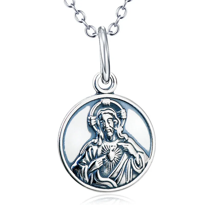 S925 Sterling Silver Double sided Pattern Jesus Virgin Head Pendant Religious Necklace for Protestant