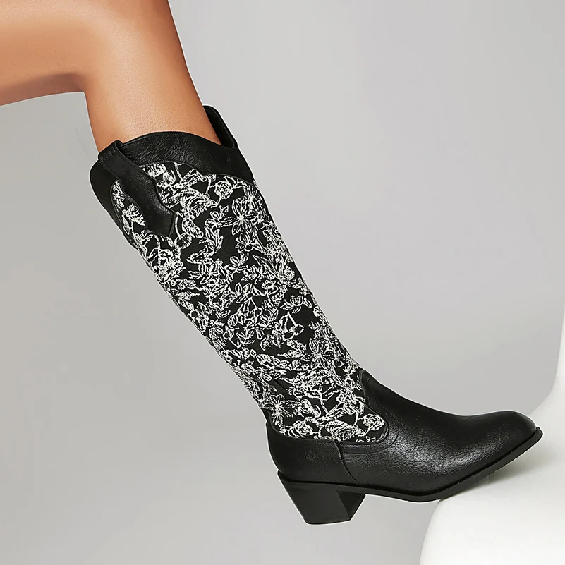 Plus Size Embroidered Fabric Splicing PU Wood Grain Thick Heel Slip on Women's Boots Ethnic Style Printed Knee High Boots