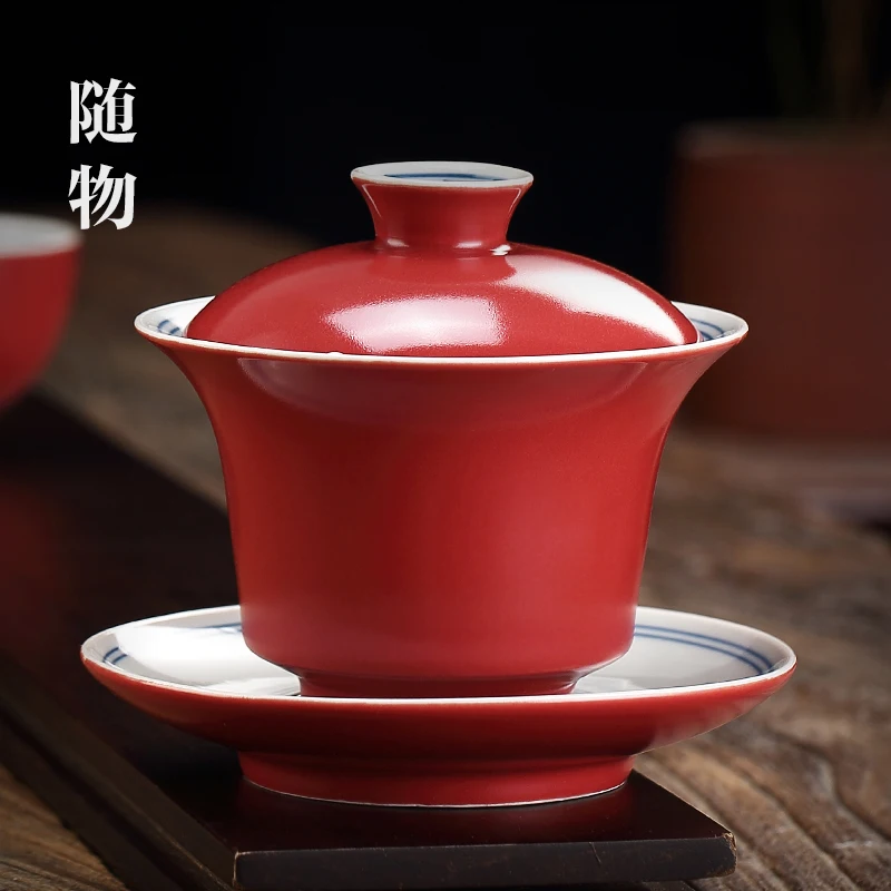 Coral Red Ceramic Cover Large Jingdezhen Cup, Three Talents For Making Tea, Respecting Bowl, Single Kung Fu Tea