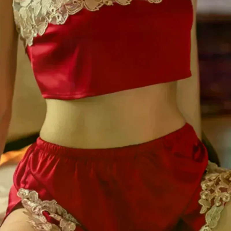 

Women Lace Suspender Tops Short Split Pajamas Two-piece Set Sexy Loungewear