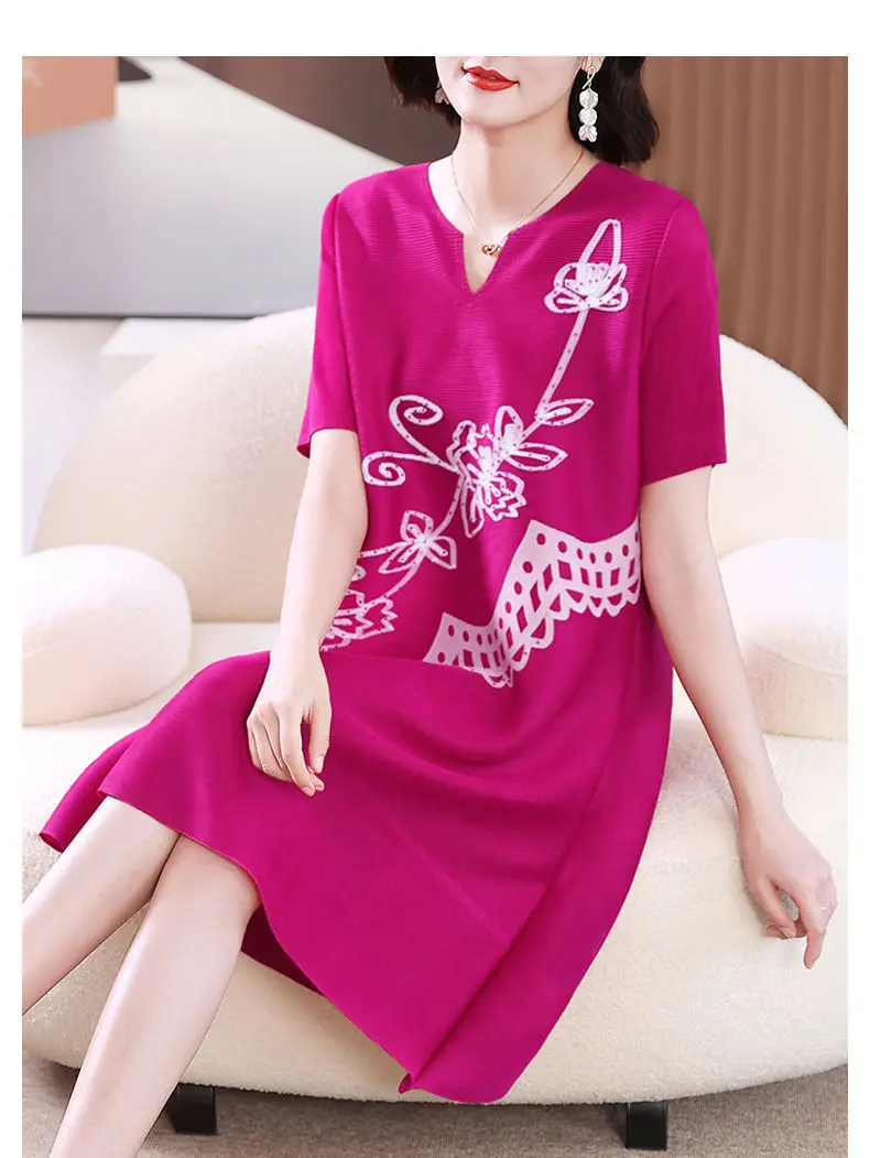 

Miyake Pleated Dress Women 2024 Spring New Fashion Mesh Embroidered Beaded V Neck Mid-sleeve Loose Large Size Elegant Dress
