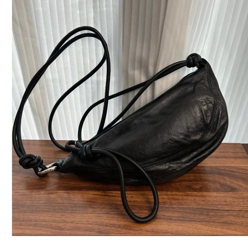 Luggage and Bags Irregularly Curved Popping Lamb Leather Knot Embellished Crossbody Bag Croissant Bag for Men and Women