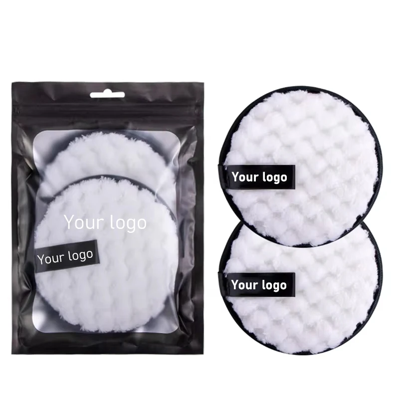 50pcs Custom Logo Microfiber Friendly Washable Face Make Up Cleaning Puff Private Label Makeup Remover Pad With Poly Bag