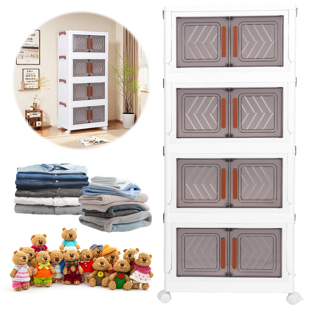 

4 Tier Stackable Storage Bins with Doors & Wheels Foldable Organization Storage Drawer for Living Room Bedroom Office
