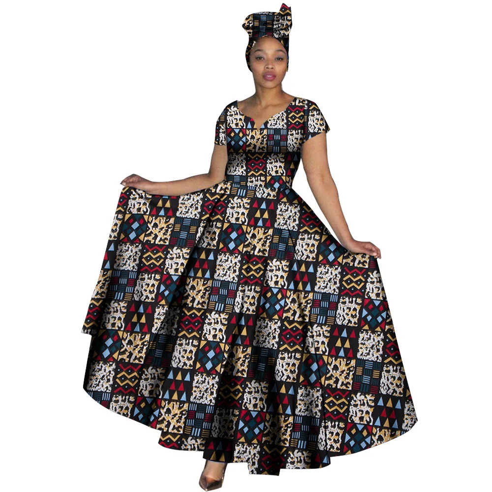 Sale!!! African Dresses Ankara Print V-neck Maix Long Dresses with Head Scarf Dashiki Women Outfits Party Outing New Year Clothe