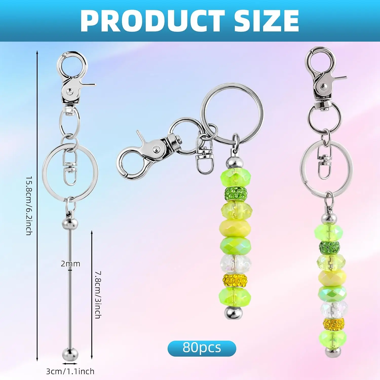 80 Pcs Beadable Keychains Bulk Kit – DIY Keychain Making Supplies with Metal Blanks for Crafts, Jewelry, Charms, Custom Projects – Blank Chain Bars for Beaded Keychain Design (Silver)