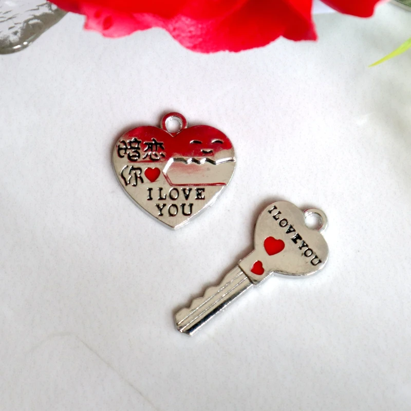 10Pcs Sweet Heart Lock & Key Charms - Glossy Alloy Pendants with Loops for Handmade Bracelet Necklace (Love Confession Style)