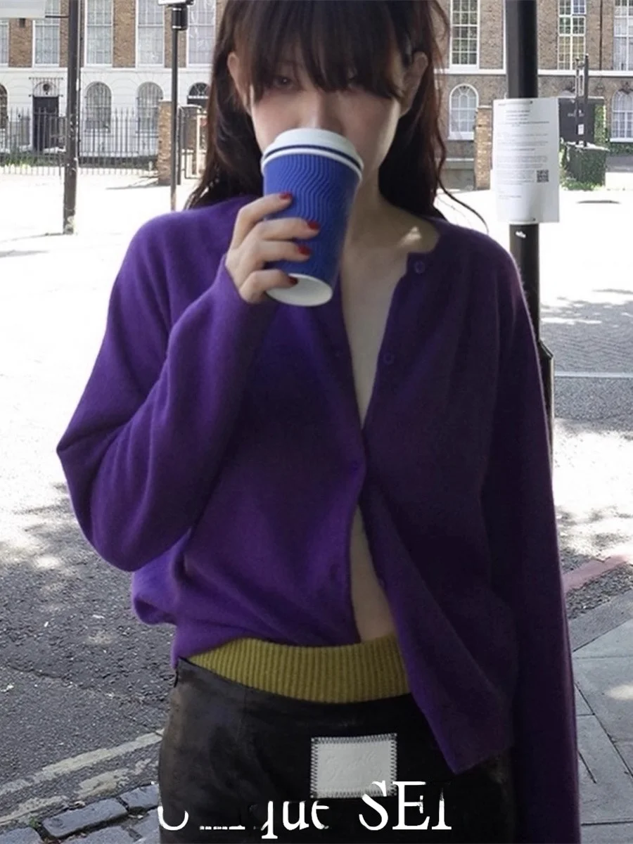 

Unique SEI Street Retro Purple round Ne Long Sve Mixed Casual Versatile Open Front Knitted Cardigan Top Women