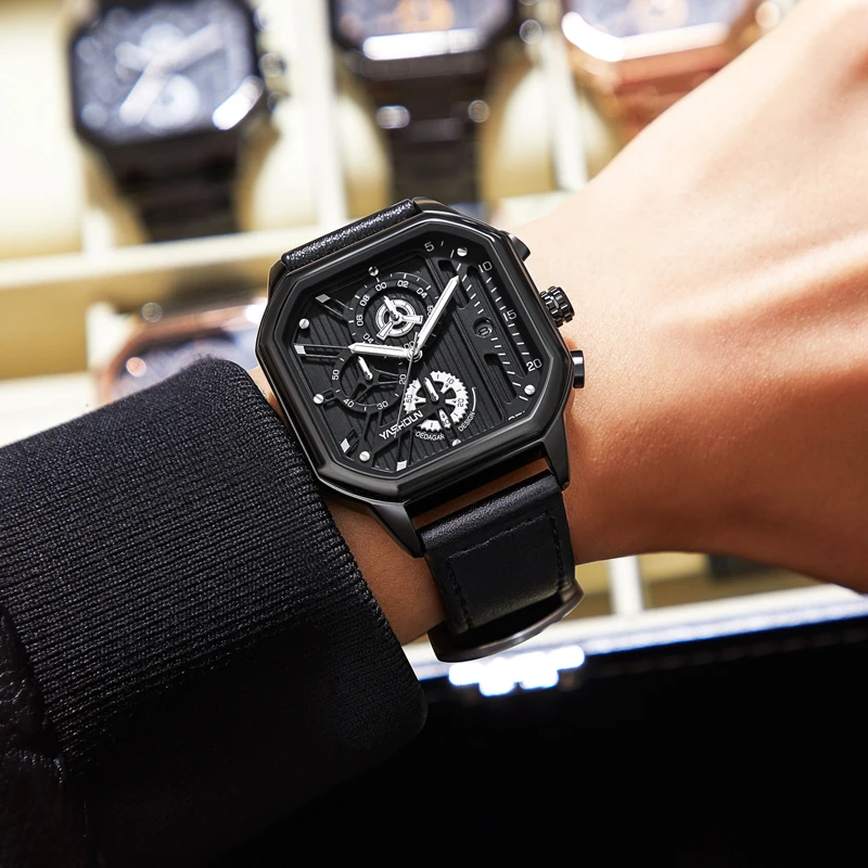 Reloj Hombre Luxury Brand Men Watch Sport Night Light Watch Leather Square Chronograph Calendar Wristwatch Business Male Clock