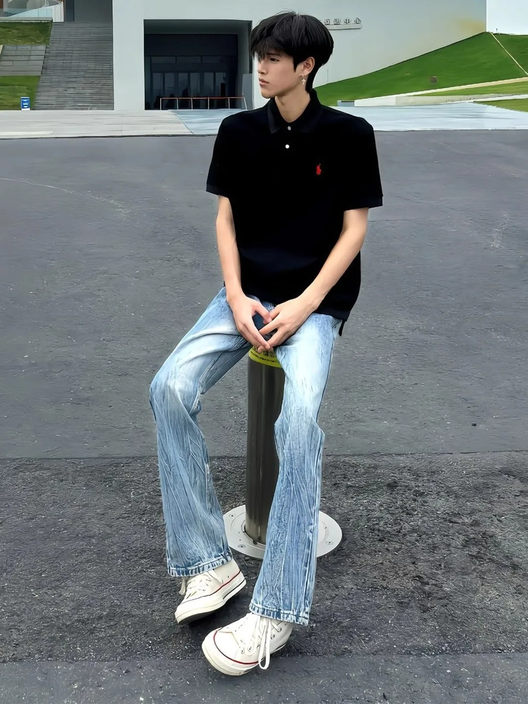 

Blue Lightning Pattern Men's Jeans High Street Vintage Straight Leg Bell Bottoms Durable Worn Resistant Casual Loose Fit