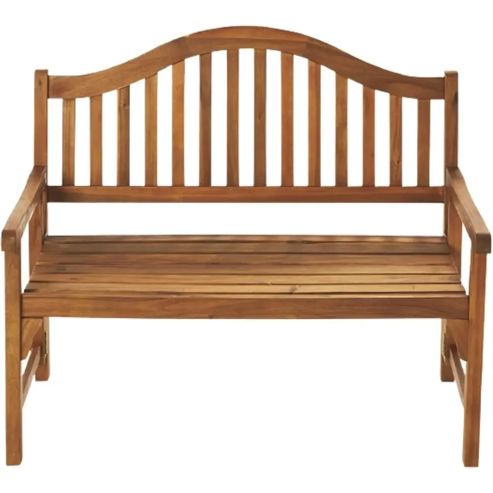 Curved Backrest Acacia Wood Bench, 48 Wide Outdoor Patio Seating, Teak Color