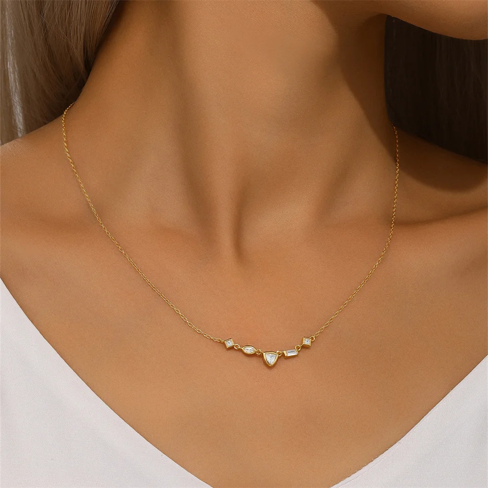 LENNIK 925 Silver Women Golden European and American fashion geometric zircon layered daily matching collarbone necklaces jewel