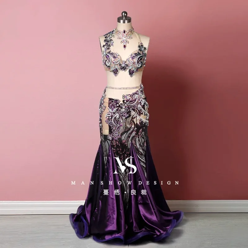 Customized Belly Dance Costumes Women's Performance Outfit Shiny Purple Embroidery Wrapped Buttocks Fishtail Skirt High-end Set