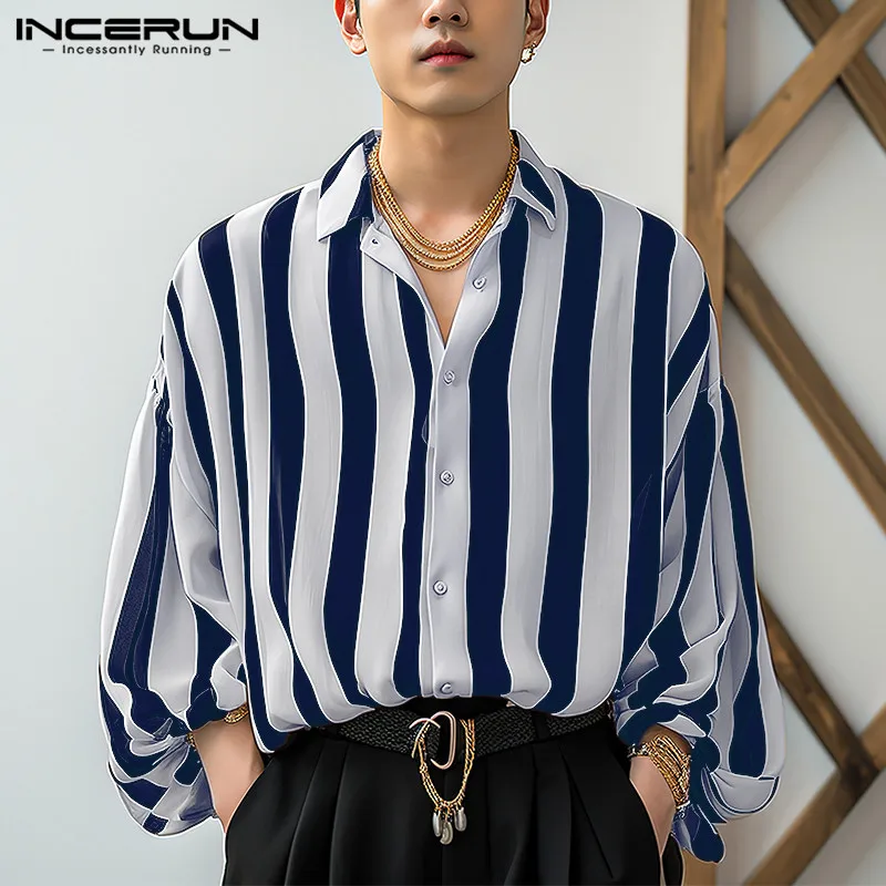 INCERUN Tops 2024 Korean Style Men Personality Vertical Striped Bishop Sleeve Shirts Casual Streetwear Long Sleeved Blouse S-5XL