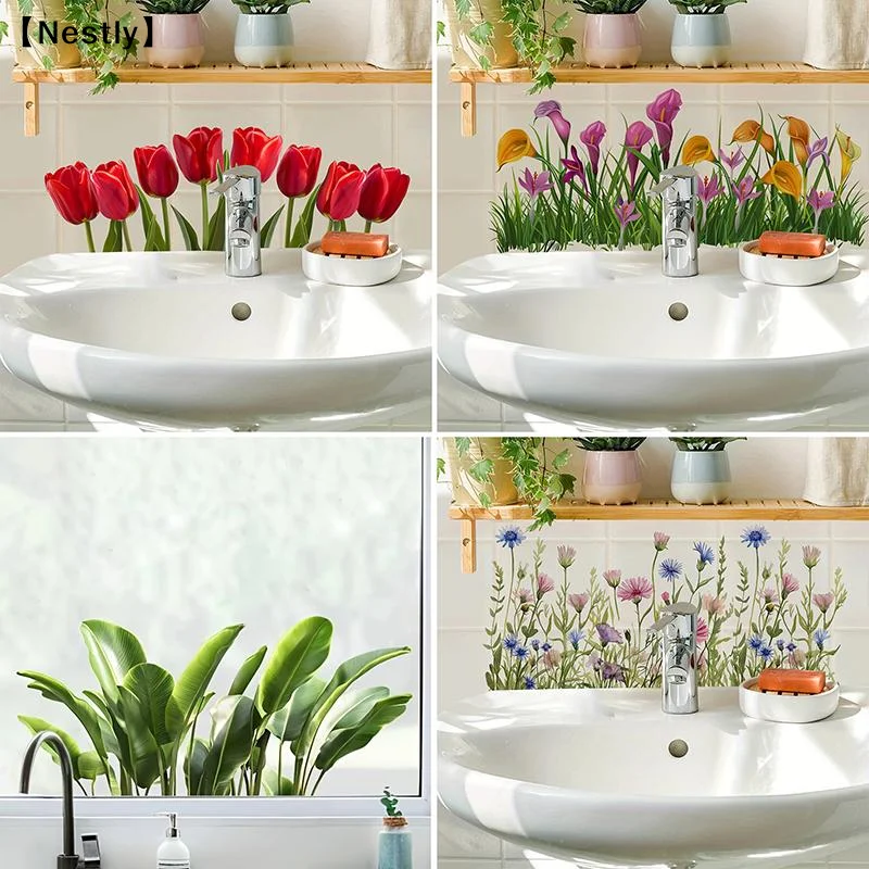Floral Sink Area Background Wall Sticker Bathroom Sticker Self-Adhesive Removable Waterproof Backsplash Decoration 〔Nest〕