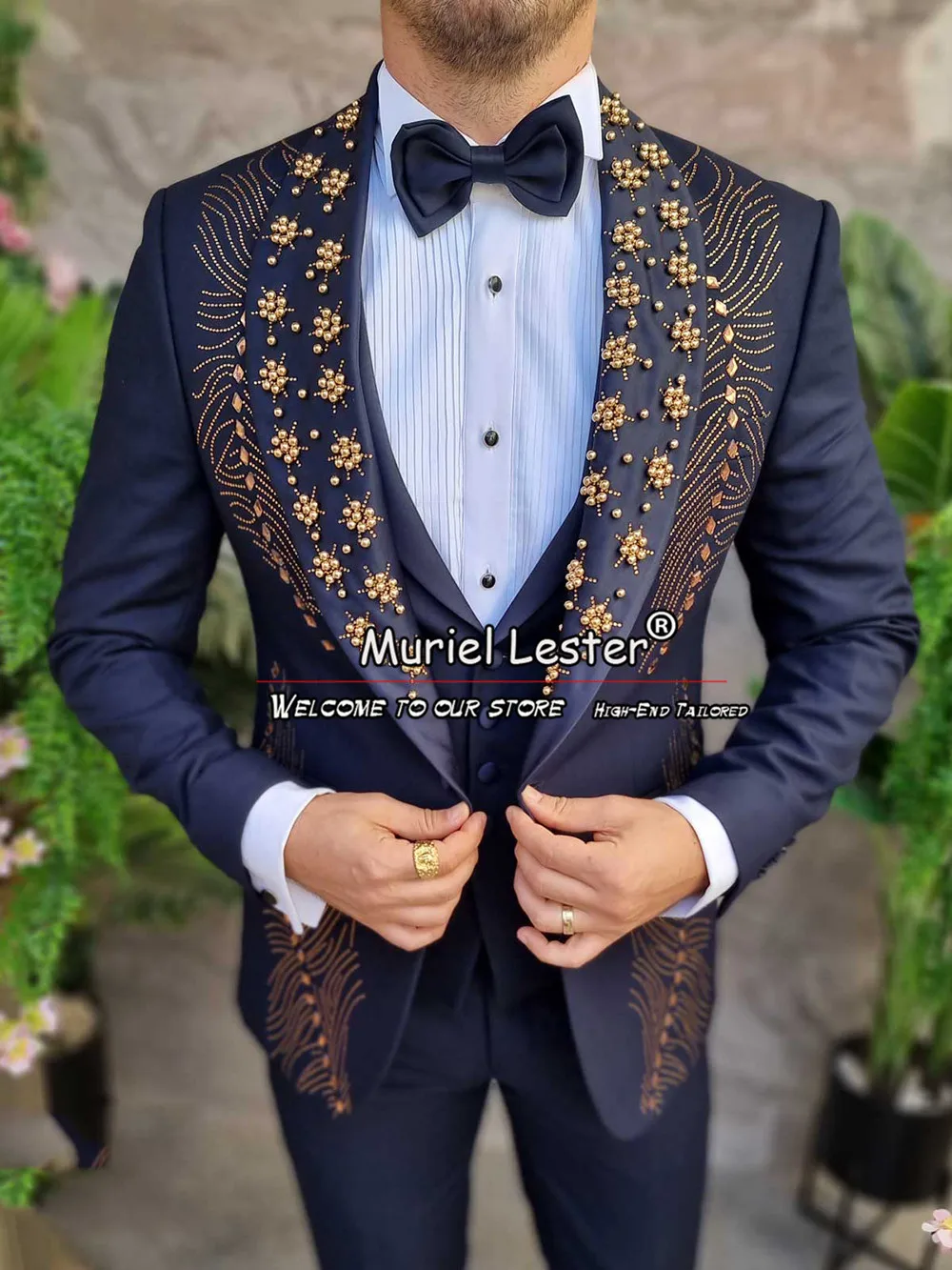 Navy Blue Wedding Suits For Men Golden Beaded Jacket Vest Pants 3 Pieces Formal Groom Tuxedos Custom Made Business Party Dress