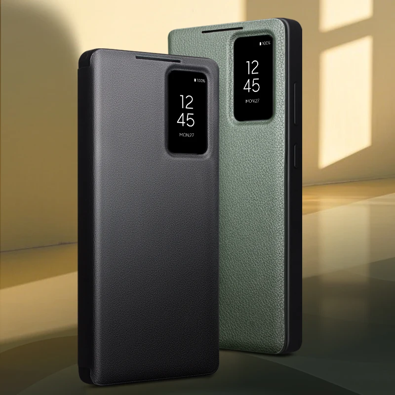Genuine Leather Smart Case for Samsung Galaxy S26 Ultra Light Phone Cover with Smart View Case for S25 Ultra