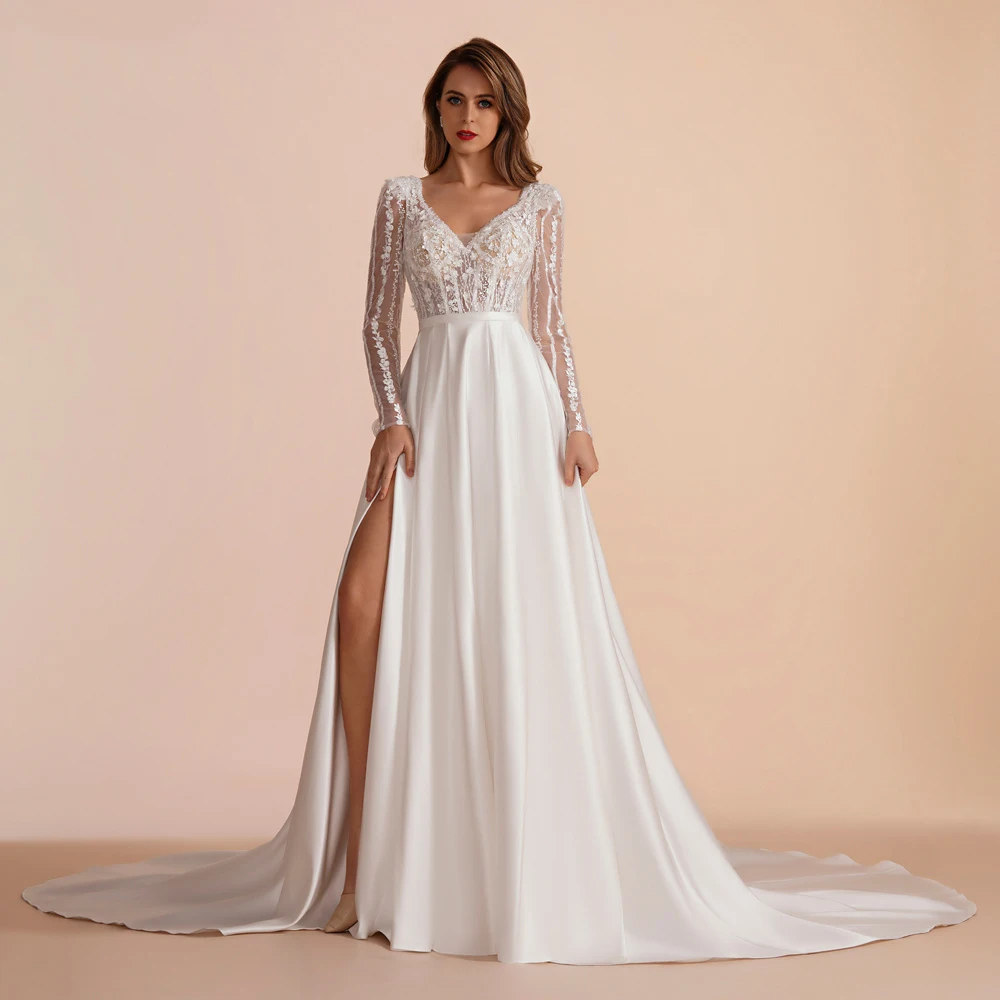 Böhmen Deep-V Brautkleider für Frauen beliebte Spitze Aufkleber Gabel Brautkleider helle Oberfläche Prinzessin Vestidos de Novias