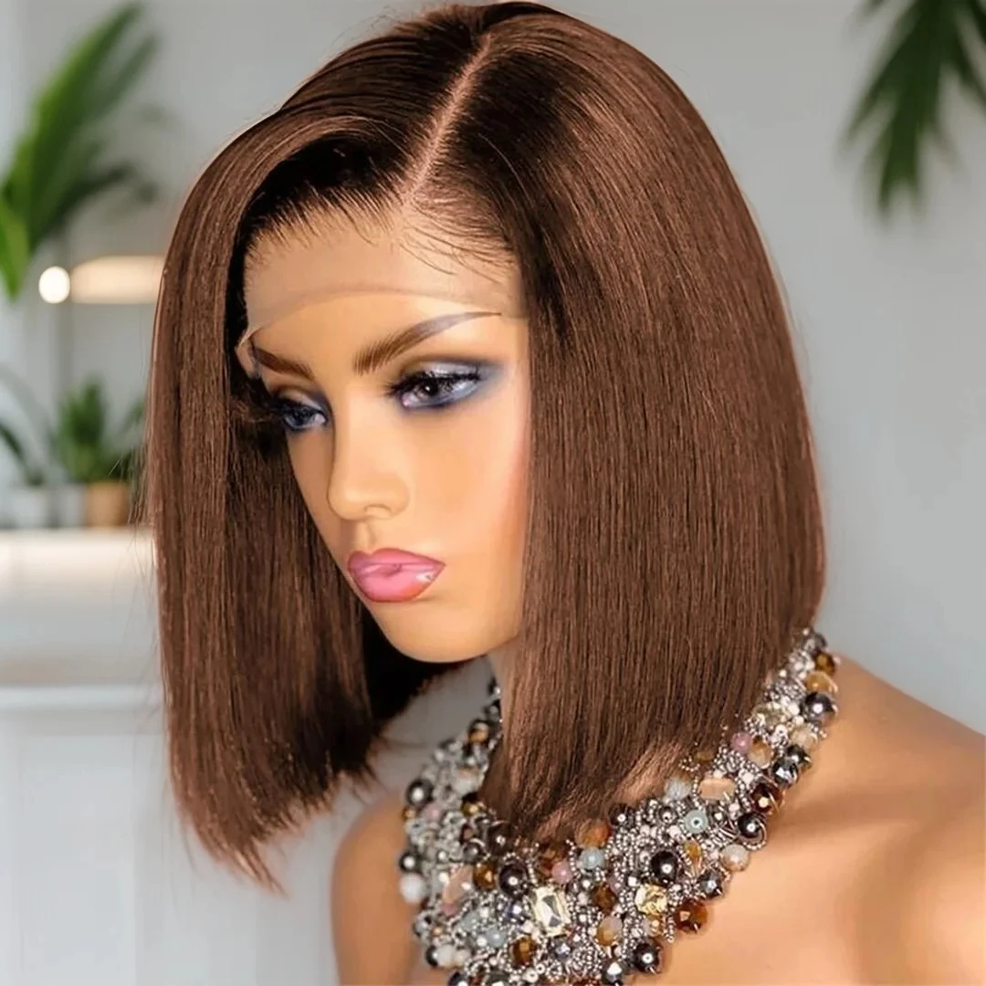 

13x4 Lace Front Wig Bob Human Hair Brown Straight 200% Full Density HD Transparent Lace Frontal Wigs Bob Hair Lace Front Wig