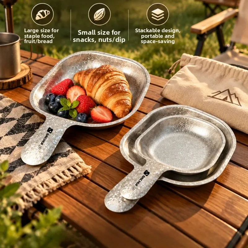 Pure Titanium Plate with Handle Outdoor Camping Snack Plate Picnic Side Dish Tray Nut Serving Tableware Outdoor Camping Supplies